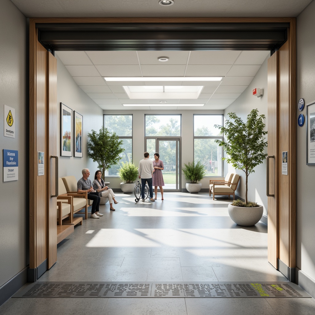 Prompt: Accessible hospital entrance, automatic sliding doors, wide corridors, gentle ramps, Braille signage, audio announcements, tactile floor indicators, spacious waiting areas, comfortable seating, wheelchair-accessible restrooms, grab bars, non-slip flooring, natural lighting, calming color scheme, minimal clutter, clear navigation signs, quiet consultation rooms, adaptive medical equipment, patient lift systems, trained assistance staff, assistive technologies, inclusive interior design, soft ambient lighting, shallow depth of field, 1/1 composition, realistic textures, ambient occlusion.