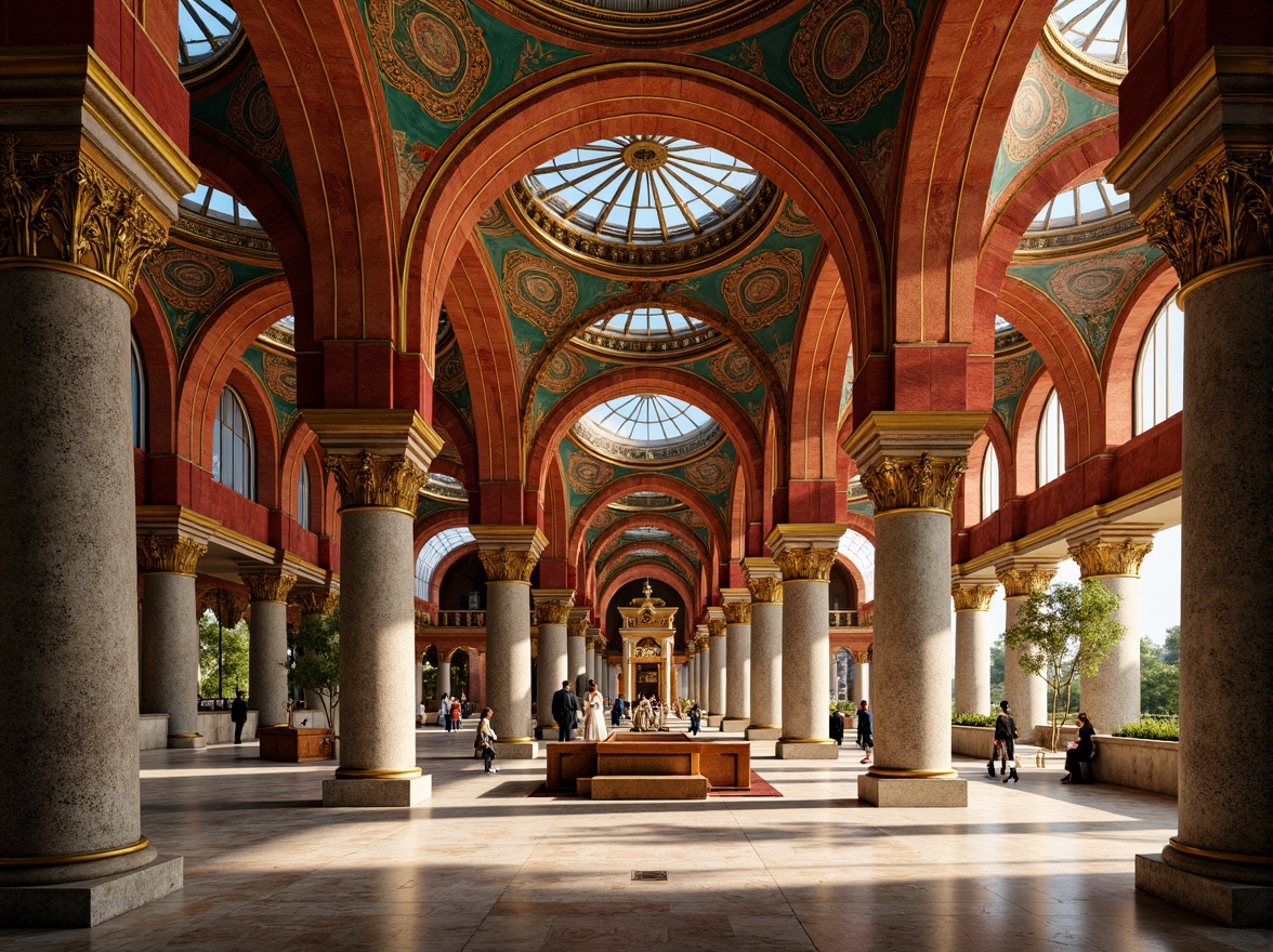 Prompt: \Majestic Byzantine structure, warm golden domes, vibrant turquoise accents, rich crimson walls, ornate mosaics, intricate stone carvings, grand archways, ornamental columns, lavish frescoes, gleaming marble floors, soft warm lighting, dramatic shadows, 1/1 composition, symmetrical layout, realistic textures, ambient occlusion.\