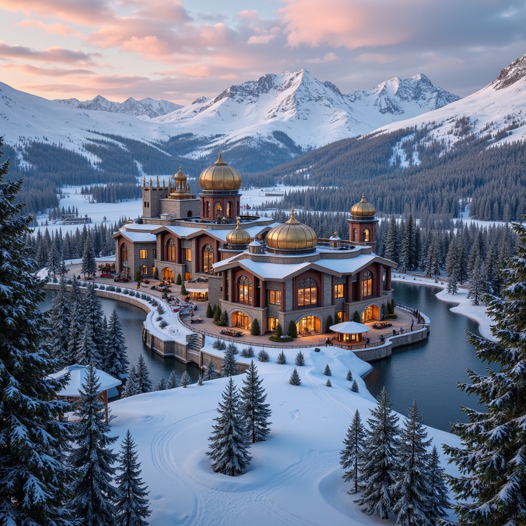 Prompt: Snow-capped mountains, lush pine forests, frozen lakes, ski trails, snowflakes gently falling, Byzantine-inspired ski resort, ornate stone carvings, golden domes, intricate mosaics, grand archways, rustic wooden chalets, cozy fireplaces, warm lighting, snow-covered roofs, steeples, bell towers, majestic mountain vistas, dramatic sunsets, soft powdery snow, frozen waterfalls, serene winter atmosphere, 1/1 composition, shallow depth of field, warm color palette.