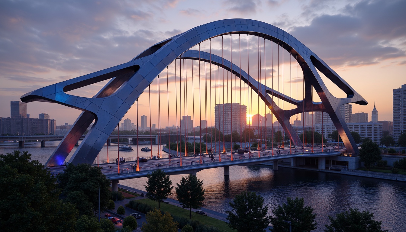 Prompt: Futuristic bridge, sleek metallic arches, cantilevered sections, suspended walkways, gleaming steel cables, vibrant neon lighting, angular geometric shapes, dynamic curves, asymmetrical composition, misty atmospheric effects, shallow depth of field, 1/1 perspective, realistic reflections, ambient occlusion, urban cityscape background, busy highway traffic, dramatic sunset sky.