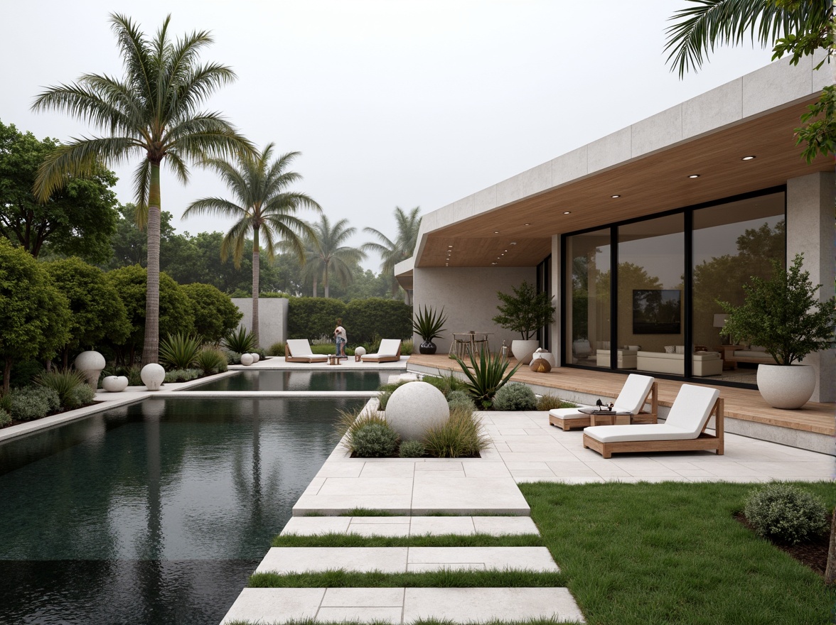 Prompt: Modernist villa, minimalist gardens, sleek water features, abstract sculptures, geometric planters, exotic succulents, bold statement trees, natural stone pathways, subtle outdoor lighting, warm neutral tones, clean lines, flat rooflines, large glass windows, sliding doors, seamless transitions, tropical plants, subtropical ambiance, misty mornings, soft diffused light, 1/1 composition, symmetrical framing, high-contrast textures.