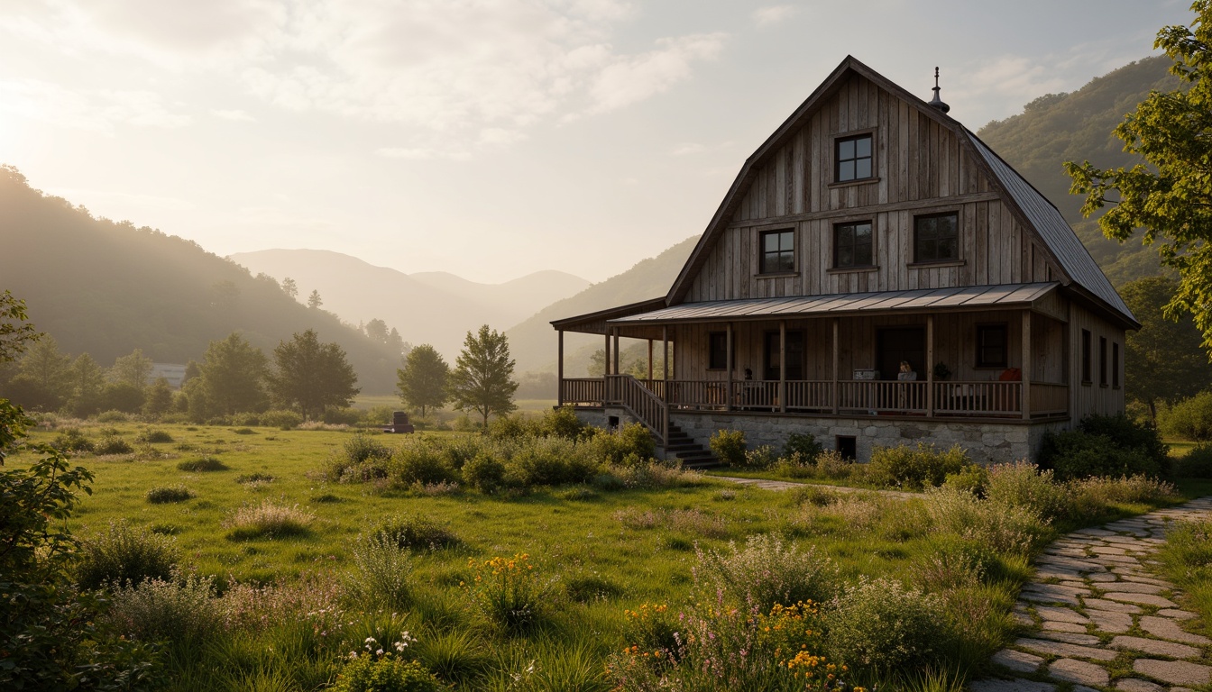 Prompt: Rustic barn, weathered wooden fa\u00e7ade, corrugated metal roof, verdant meadow, rolling hills, rural landscape, serene countryside, misty morning, warm golden light, shallow depth of field, 3/4 composition, panoramic view, natural stone pathways, wildflower fields, vintage farm equipment, distressed wood textures, earthy color palette, organic forms, regional character, folk-inspired architectural details, asymmetrical fa\u00e7ade, eclectic ornamentation, whimsical decor.