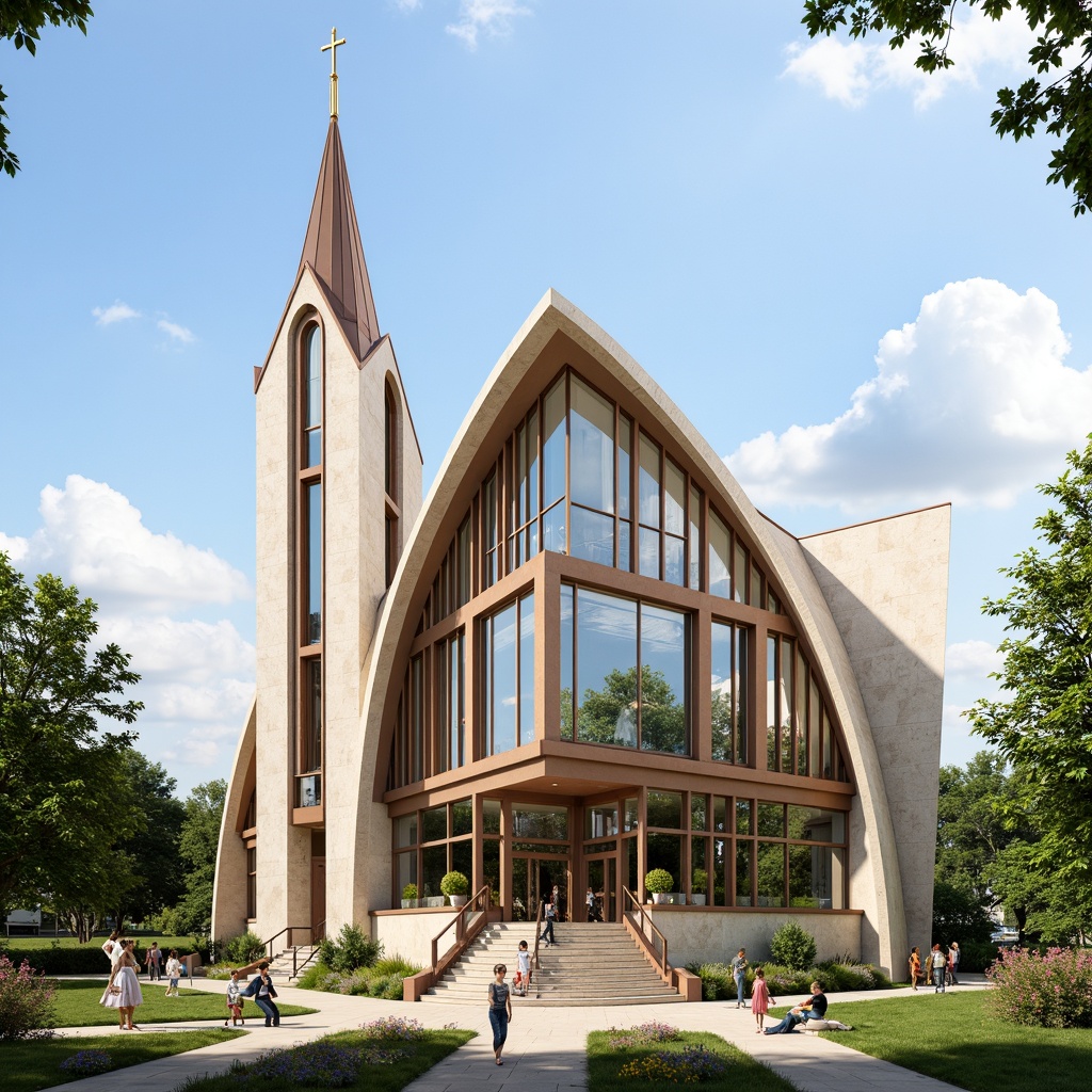 Prompt: Grandiose church facade, sleek modern lines, minimalist ornamentation, large glass windows, steel frames, angular rooflines, futuristic spires, gleaming metal cladding, abstract geometric patterns, vibrant stained glass, intricate stone carvings, symmetrical composition, shallow depth of field, 1/2 composition, soft diffused lighting, warm beige color scheme, lush greenery surroundings, blooming flowers, sunny day, panoramic view.