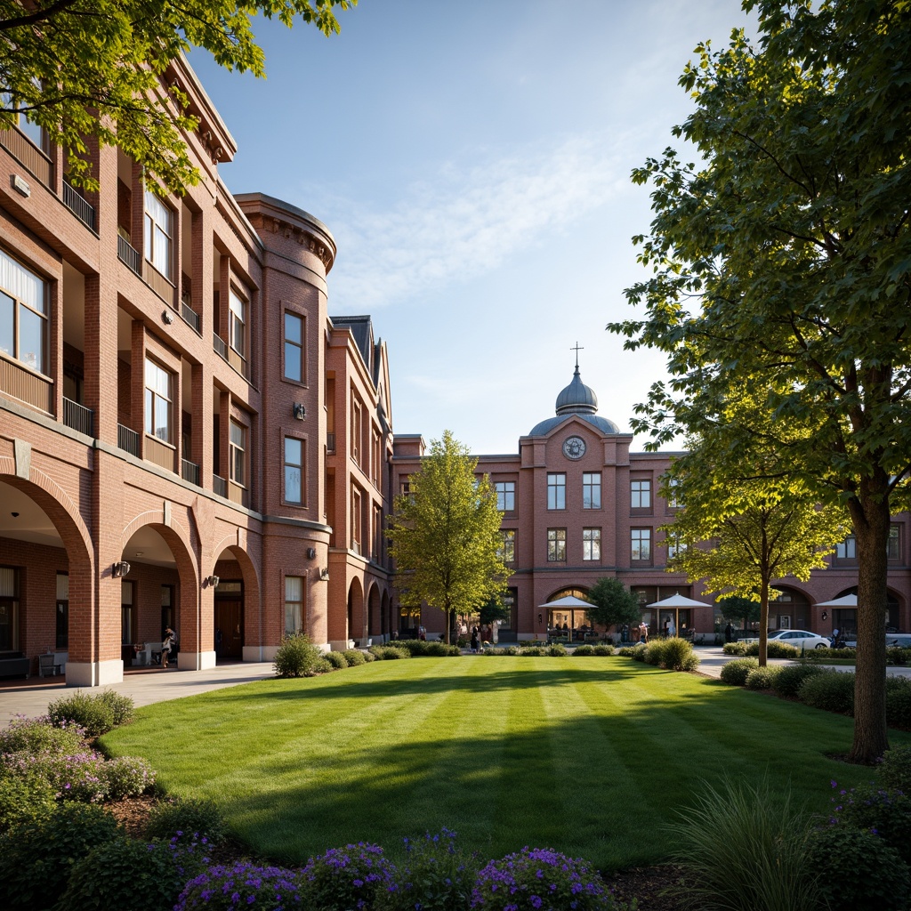 Prompt: Grand campus, historic brick buildings, ornate stone facades, elegant archways, sprawling green lawns, mature trees, natural lighting, large windows, high ceilings, wooden floors, comfortable reading nooks, warm tone color scheme, soft warm lighting, shallow depth of field, 3/4 composition, panoramic view, realistic textures, ambient occlusion.