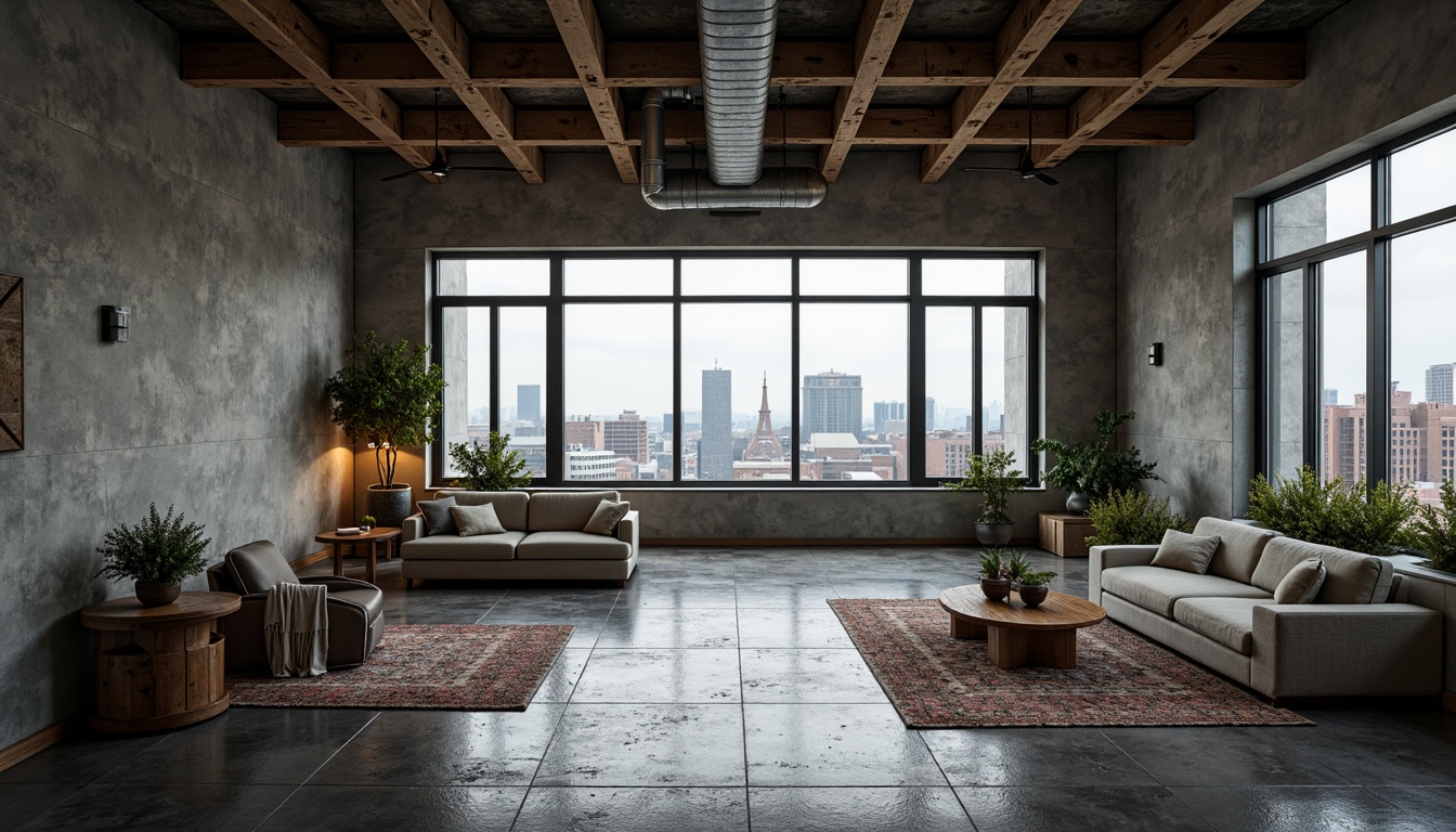 Prompt: Rough-hewn concrete walls, exposed ductwork, industrial metal beams, rugged stone floors, raw wooden accents, brutalist architectural style, urban cityscape backdrop, overcast skies, dramatic chiaroscuro lighting, high-contrast shadows, 1/1 composition, symmetrical framing, weathered steel surfaces, distressed wood textures, minimalist decor, functional design elements, ergonomic office furniture, geometric patterned rugs, atmospheric misting effects.