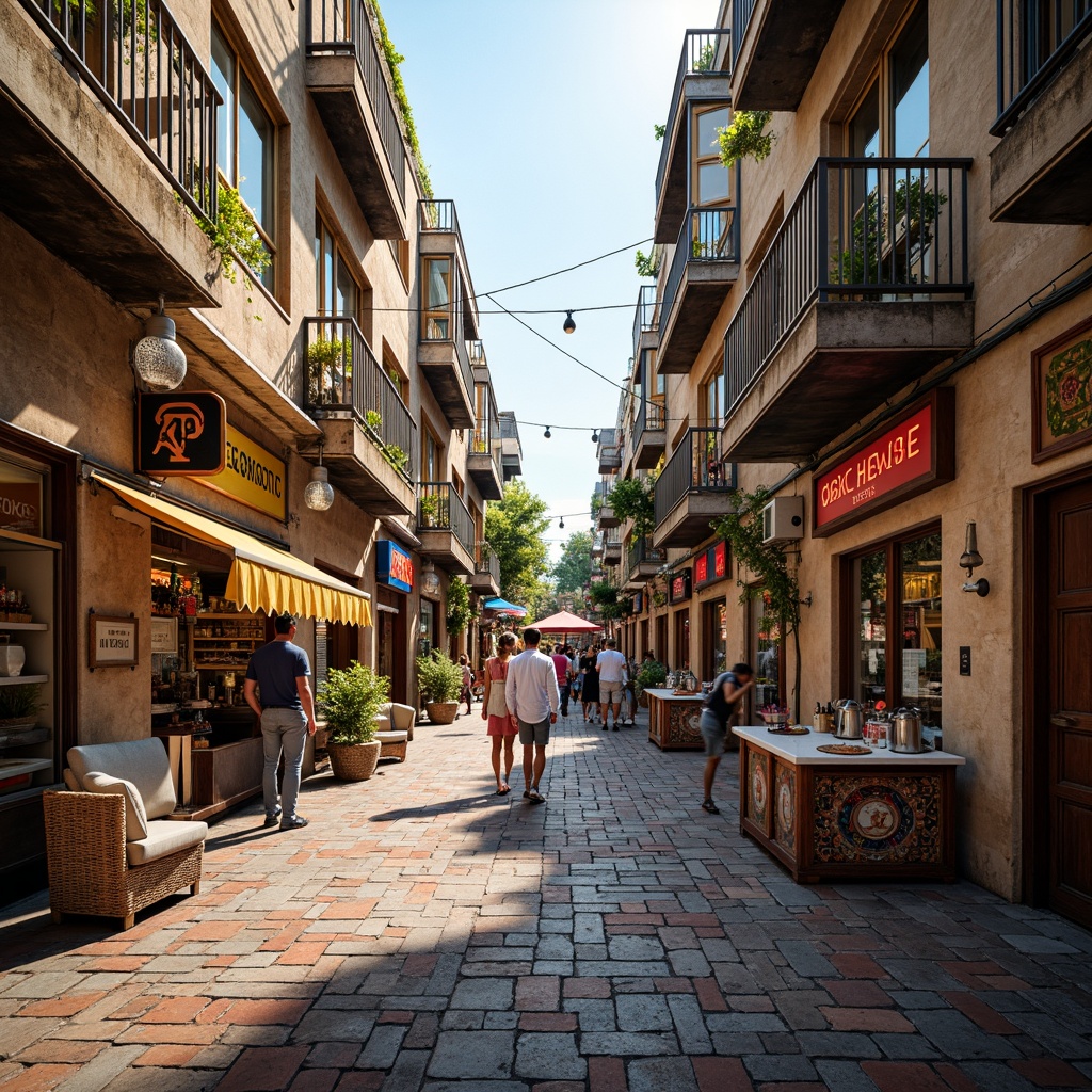 Prompt: Vibrant market scene, eclectic postmodern architecture, textured stone walls, distressed wooden accents, ornate metallic details, colorful street art, lively vendor stalls, exotic food stands, bustling crowds, warm afternoon light, shallow depth of field, 1/1 composition, realistic textures, ambient occlusion, intricate mosaics, bold typography, neon signage, retro-futuristic elements, worn brick pavement, eclectic furniture, patterned textiles.