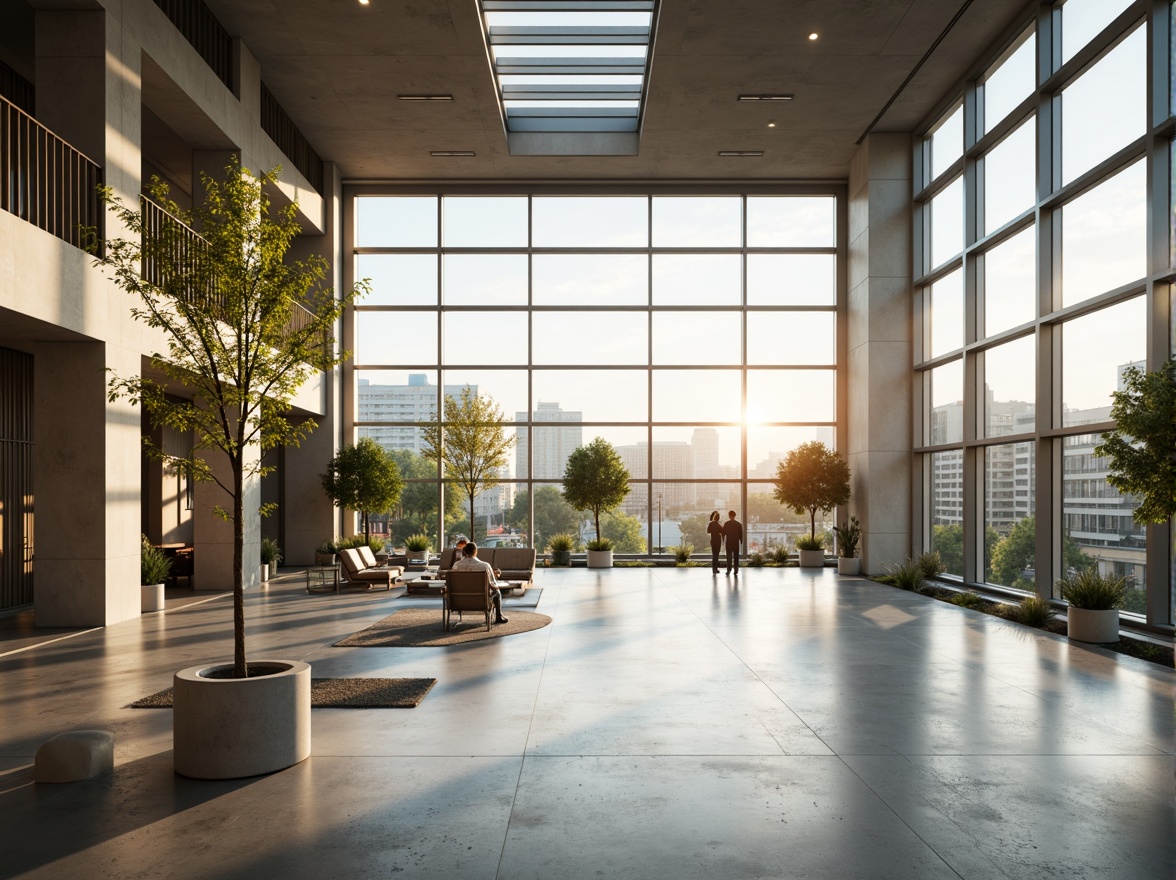 Prompt: Spacious open-plan interior, floor-to-ceiling windows, clerestory windows, skylights, reflective surfaces, minimal obstructions, light-colored walls, polished concrete floors, wooden accents, green roofs, living walls, urban landscape views, morning sunlight, soft warm glow, shallow depth of field, 1/2 composition, realistic textures, ambient occlusion.