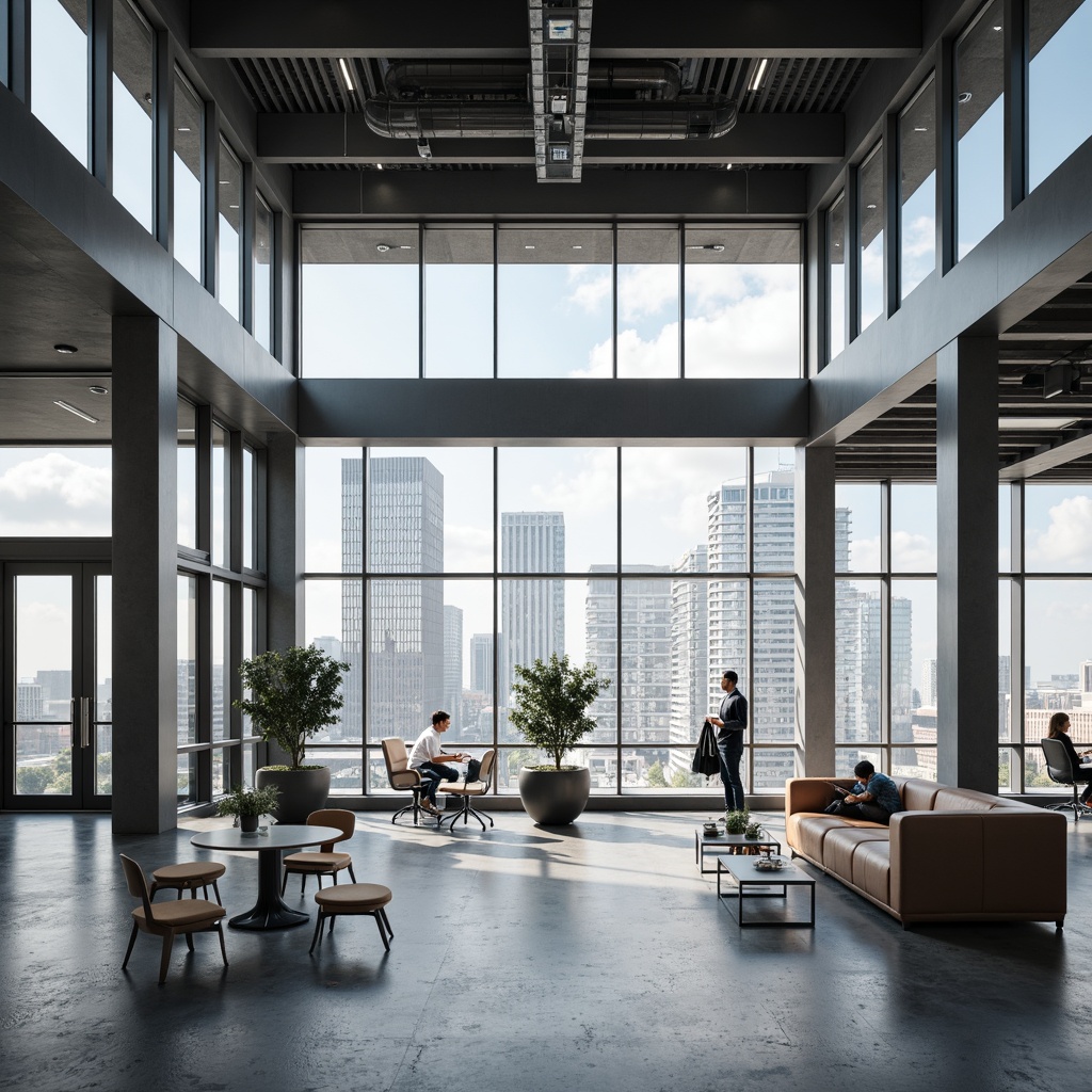 Prompt: Open-plan office space, minimal ornamentation, monochromatic color scheme, sleek metal furniture, polished concrete floors, floor-to-ceiling windows, abundant natural light, urban cityscape views, modernist architecture, rectangular forms, clean lines, functional layout, collaborative workspaces, ergonomic seating, advanced technology integration, high-speed internet connectivity, virtual reality zones, flexible modular design, acoustic soundproofing, neutral color palette, professional atmospheres, 1/1 composition, softbox lighting, realistic textures, subtle animations.