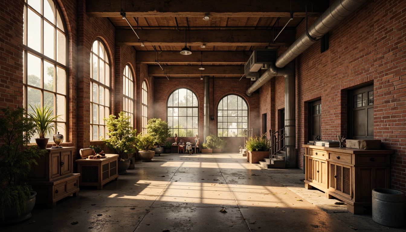 Prompt: Rustic industrial landscape, aged brick walls, arched windows, stone columns, ornate metalwork, exposed ductwork, reclaimed wood accents, distressed concrete floors, vintage machinery, eclectic decorative elements, warm golden lighting, atmospheric mist, cinematic depth of field, 2/3 composition, low-angle shot, dramatic shadows, realistic weathering effects.