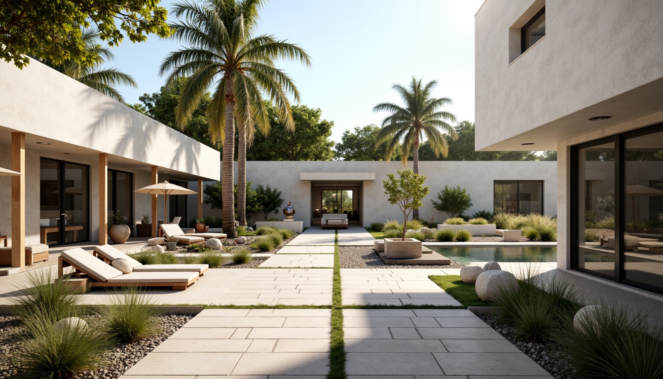 Prompt: Minimalist courtyard, sleek water features, geometric stone pavements, native plant species, ornamental grasses, modern sculptures, cantilevered shading systems, tropical trees, warm sunny day, soft natural lighting, shallow depth of field, 3/4 composition, panoramic view, realistic textures, ambient occlusion, international style buildings, clean lines, rectangular forms, large glass windows, sliding doors, minimalist fencing, low-maintenance gardens, gravel pathways, succulent plants, desert-inspired landscaping.