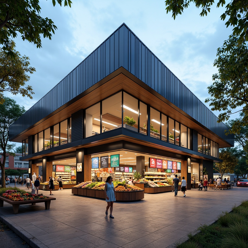 Prompt: Modern grocery store, sleek metal rooflines, angular lines, minimalist design, natural stone facades, large windows, glass doors, vibrant colorful signage, fresh produce displays, bustling shopping atmosphere, warm soft lighting, shallow depth of field, 3/4 composition, panoramic view, realistic textures, ambient occlusion.