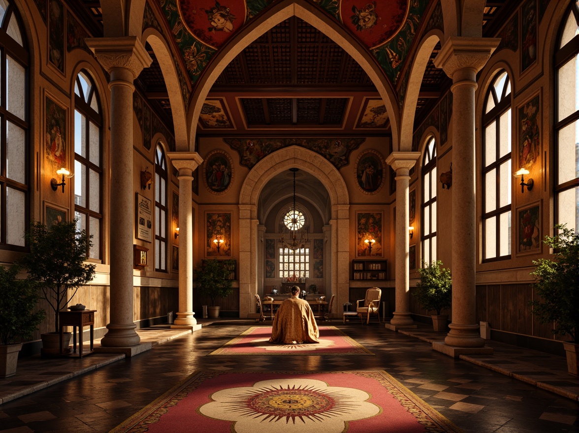 Prompt: Warm earthy tones, rustic textures, ornate details, medieval inspiration, grandiose arches, rounded columns, sturdy stone walls, vibrant fresco paintings, intricate mosaics, lavish gold accents, rich jewel-toned fabrics, dim warm lighting, soft atmospheric glow, 1/2 composition, close-up shots, realistic renderings, ambient occlusion.