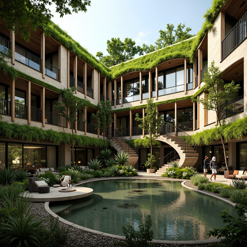 Prompt: Vibrant green walls, organic shapes, curved lines, natural stone cladding, wooden accents, large windows, solar panels, living roofs, rainwater harvesting systems, bio-inspired patterns, intricate fractal motifs, futuristic architecture, sleek metal frames, glass fa\u00e7ades, open-air courtyards, calming water features, lush vegetation, serene ambiance, warm soft lighting, shallow depth of field, 3/4 composition, panoramic view, realistic textures, ambient occlusion.