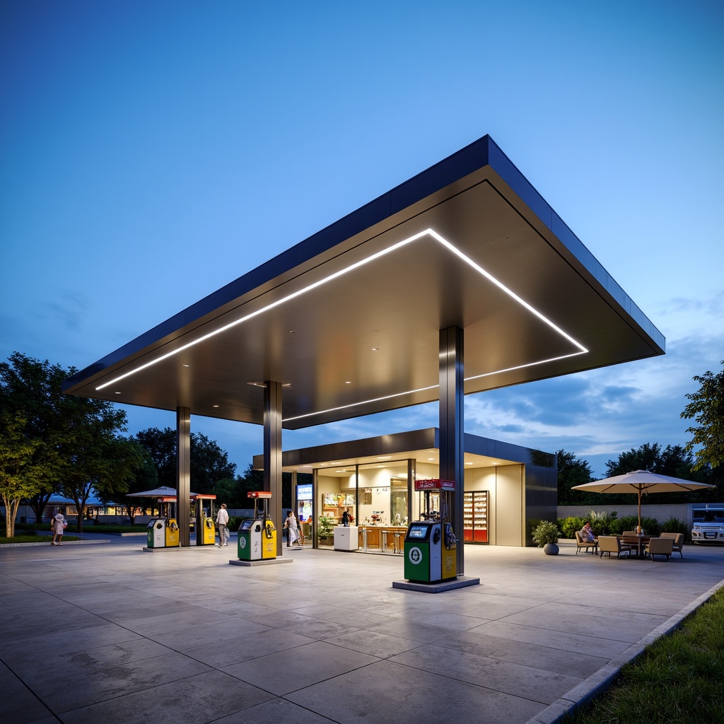 Prompt: Modern gas station, sleek fuel pumps, stainless steel canopies, LED lighting, futuristic architecture, angular lines, minimalist design, convenience store, large glass windows, automatic sliding doors, indoor seating area, free Wi-Fi, charging stations, clean restrooms, vending machines, coffee shop, fast food counters, outdoor seating area, umbrellas, natural stone flooring, green roofs, eco-friendly materials, innovative cooling technologies, misting systems, 3/4 composition, shallow depth of field, panoramic view, realistic textures, ambient occlusion.