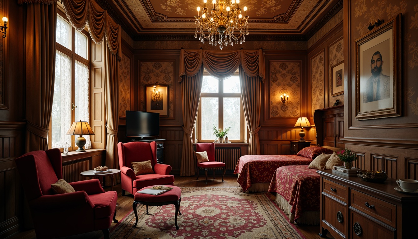 Prompt: Cozy dormitory, ornate wooden furniture, lavish velvet fabrics, soft warm lighting, intimate setting, romanticism style architecture, grandiose chandeliers, intricate carvings, luxurious bedding, plush carpets, richly patterned wallpapers, elegant archways, delicate lace curtains, vintage accessories, distressed finishes, warm earthy tones, golden accents, 1/1 composition, shallow depth of field, soft focus, realistic textures.