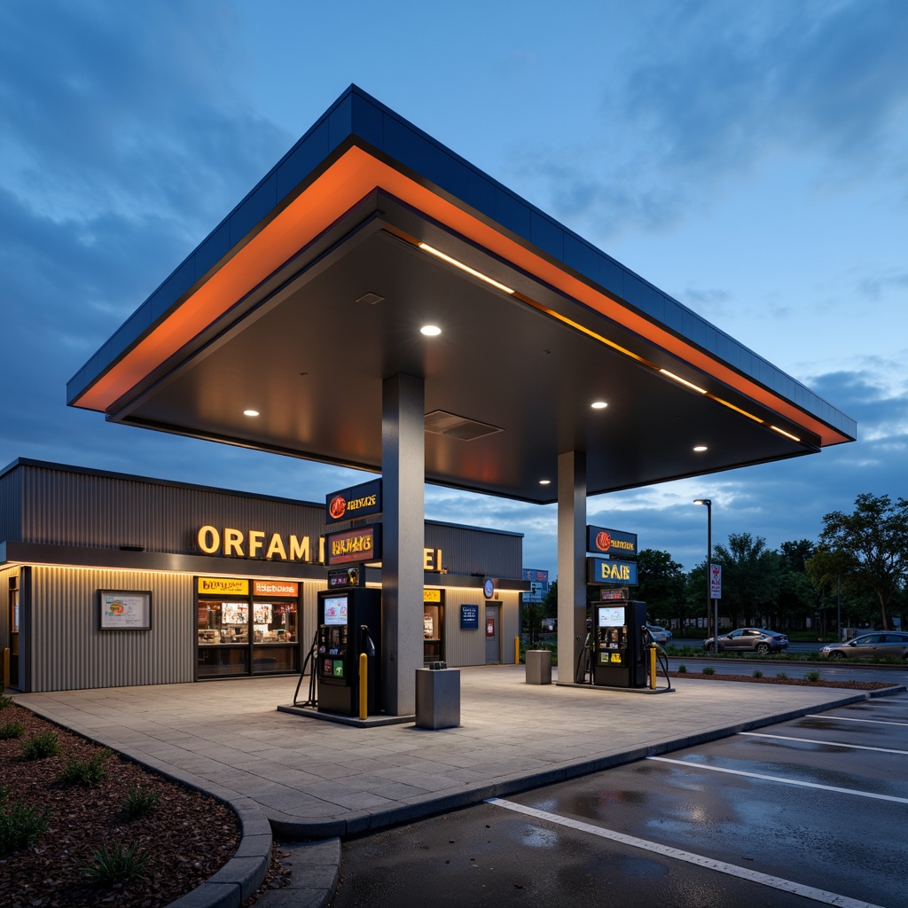 Prompt: Modern gas station, sleek metal canopy, bold signage, durable concrete flooring, stainless steel fuel pumps, industrial-style lighting fixtures, corrugated metal walls, translucent polycarbonate roofing, cantilevered awning, angular lines, minimalist design, high-visibility LED signs, floodlighting, 3/4 composition, shallow depth of field, realistic textures, ambient occlusion.