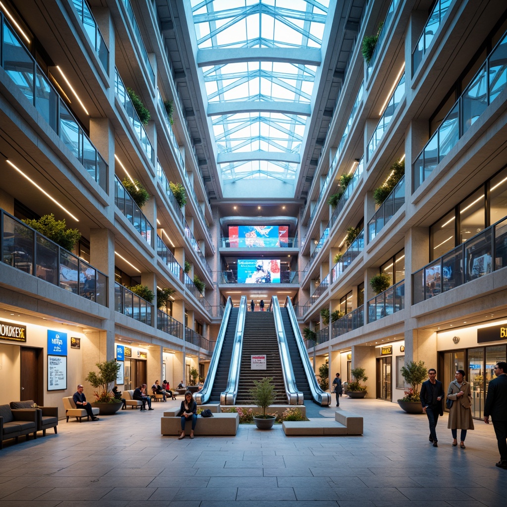 Prompt: \Modern transportation hub interior, open atrium, natural light, sleek escalators, minimalist signage, airy corridors, efficient passenger flow, dynamic LED displays, intuitive wayfinding systems, comfortable seating areas, polished stone floors, steel and glass railings, vibrant color schemes, ambient lighting, shallow depth of field, 1/1 composition, panoramic view, realistic reflections, subtle texture overlays.\