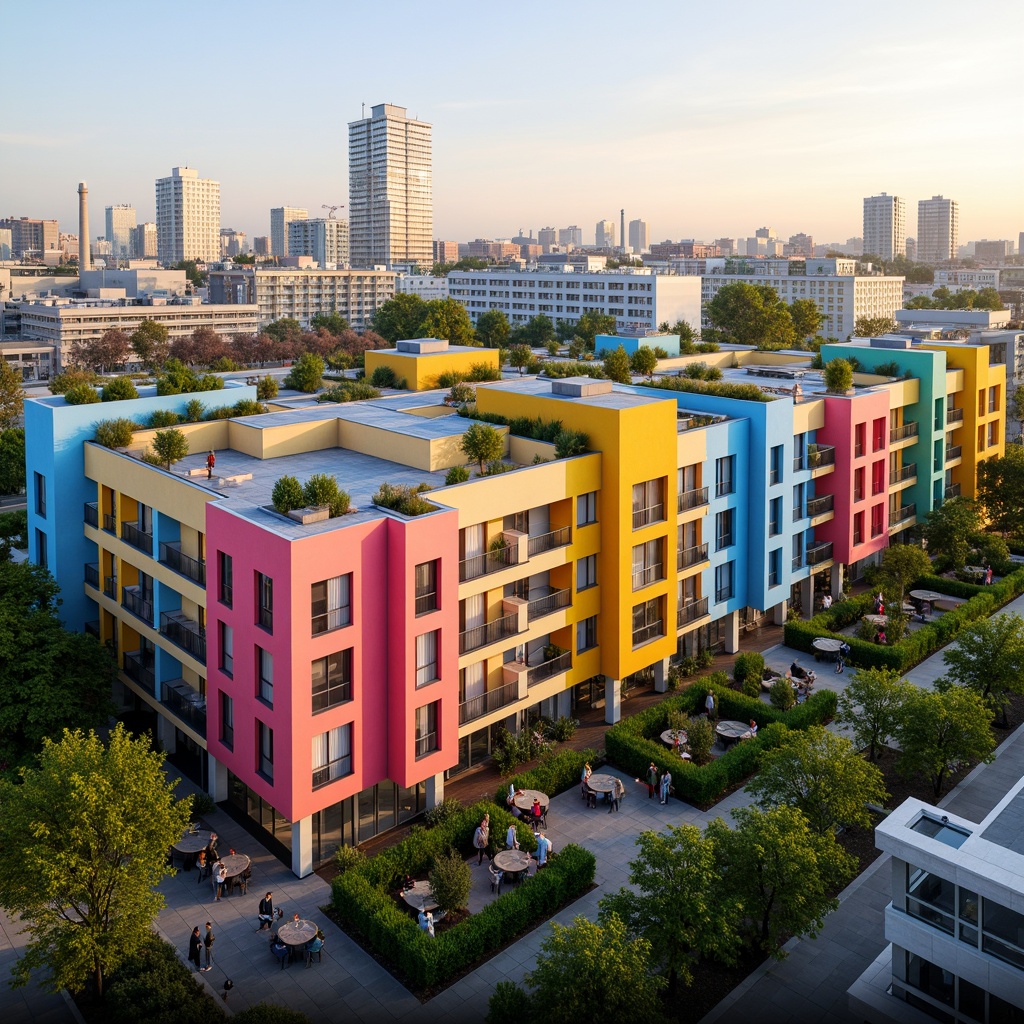 Prompt: Vibrant social housing complex, playful color scheme, dynamic fa\u00e7ade patterns, balconies with greenery, communal outdoor spaces, modern amenities, sustainable materials, energy-efficient systems, natural ventilation, abundant daylight, angular rooflines, geometric shapes, urban context, bustling cityscape, morning sunlight, soft warm glow, shallow depth of field, 1/2 composition, realistic textures, ambient occlusion.