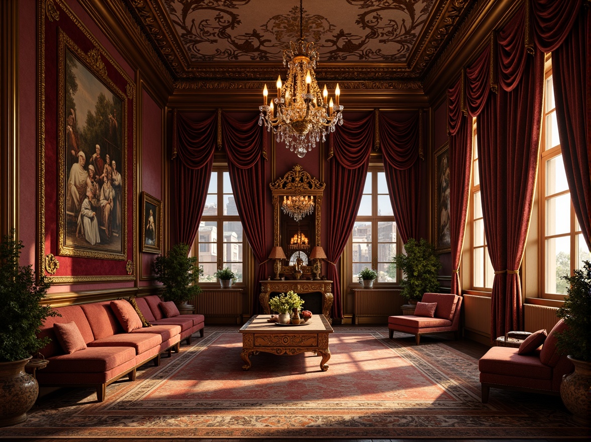 Prompt: Rich velvet fabrics, intricate embroidery, ornate golden threading, luxurious silk drapes, Baroque-inspired patterns, lavish furnishings, grandiose chandeliers, opulent wall tapestries, ornamental mirrors, gilded frames, Renaissance-era palaces, stately mansions, aristocratic villas, regal courtrooms, majestic thrones, dramatic lighting, soft warm colors, 3/4 composition, shallow depth of field, realistic textures, ambient occlusion.