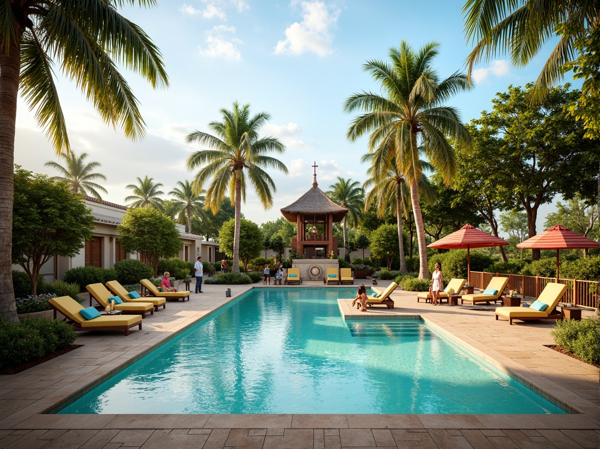 Prompt: Vibrant poolside oasis, turquoise waters, sunny day, warm beige decking, lush greenery, palm trees, colorful outdoor furniture, striped umbrellas, natural stone accents, modern LED lighting, shallow water effects, gentle waterfalls, serene ambiance, 3/4 composition, soft warm lighting, realistic textures, ambient occlusion.