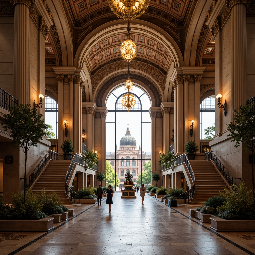 Prompt: Grandiose station entrance, ornate columns, intricate carvings, imposing archways, lavish chandeliers, polished marble floors, stately staircases, regal balconies, majestic domes, classical statues, symmetrical facades, elegant clock towers, vibrant bronze accents, warm golden lighting, shallow depth of field, 1/2 composition, realistic textures, ambient occlusion.