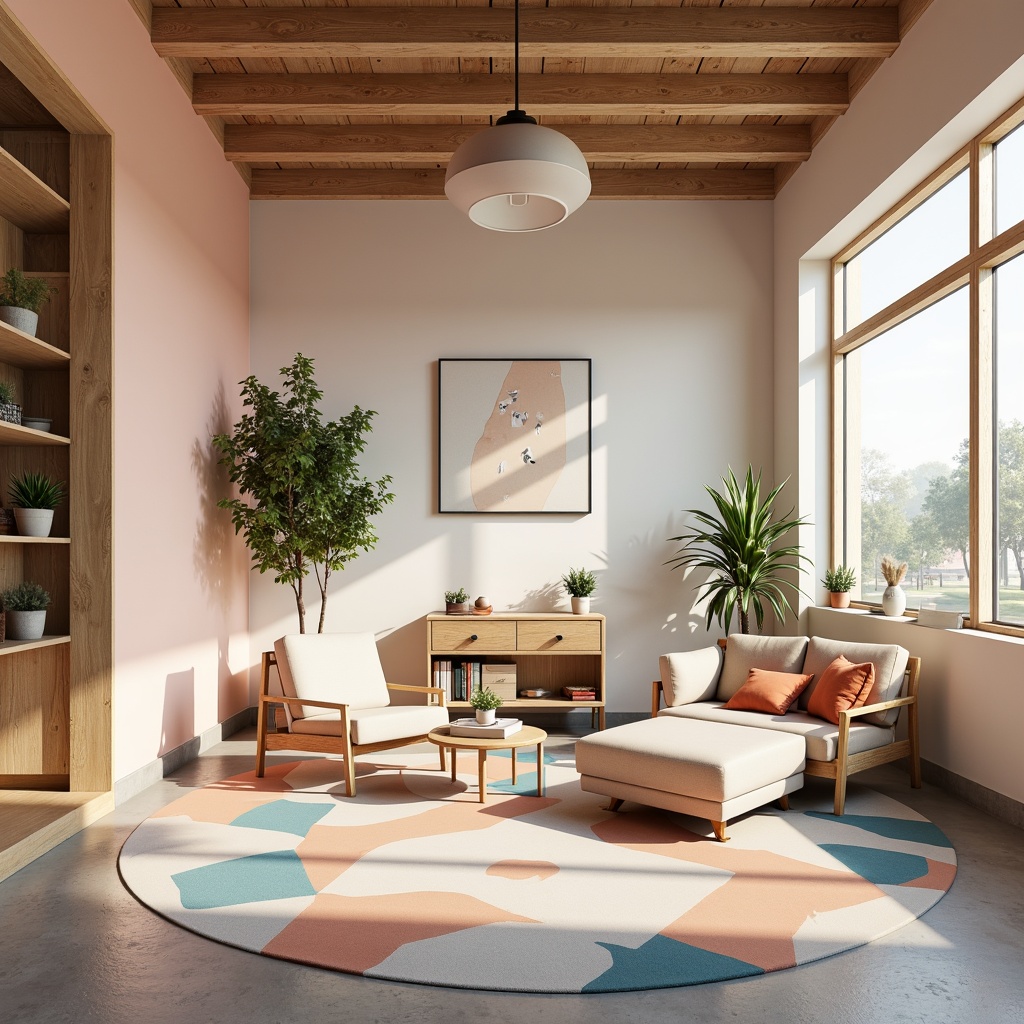 Prompt: Vibrant design studio, minimalist workspace, ergonomic furniture, natural wood accents, sleek metal legs, pastel color scheme, soft peach tones, muted blue hues, creamy whites, rich charcoal grays, warm golden lighting, shallow depth of field, 3/4 composition, panoramic view, realistic textures, ambient occlusion.