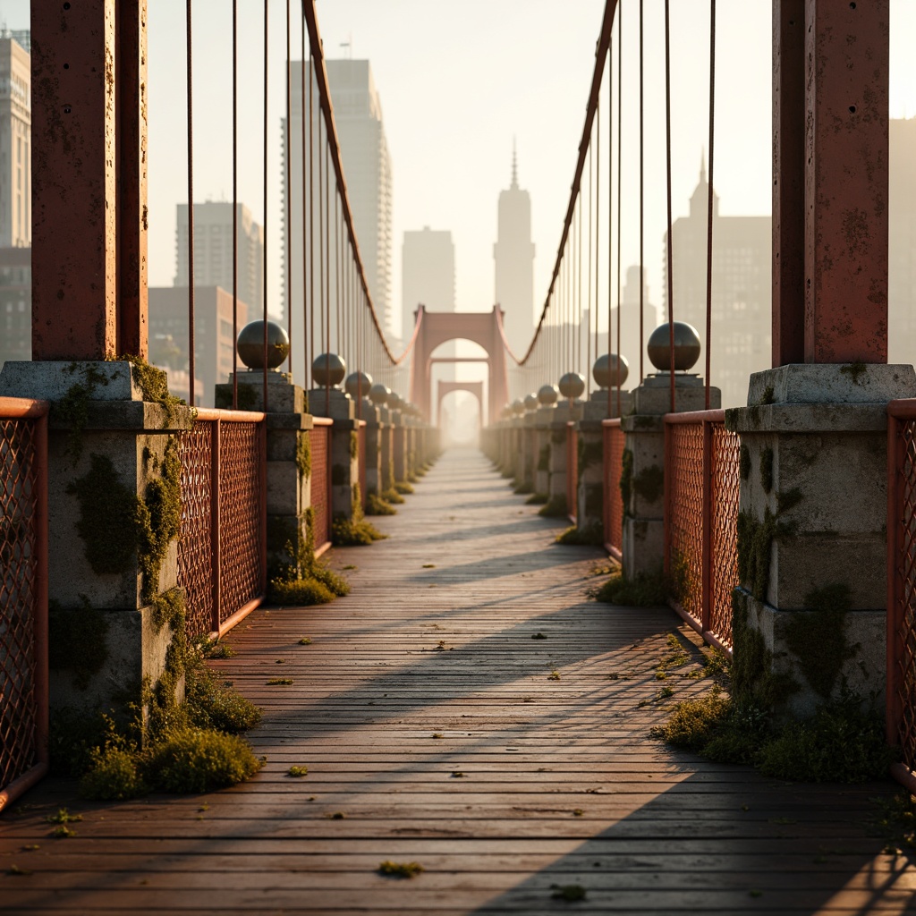 Prompt: Rustic steel bridges, industrial rivets, weathered wooden planks, moss-covered stone abutments, curved suspension cables, vibrant orange safety nets, urban cityscape backgrounds, misty morning fog, warm golden lighting, shallow depth of field, 2/3 composition, symmetrical framing, realistic metallic textures, ambient occlusion, intricate structural details, dynamic motion blur.