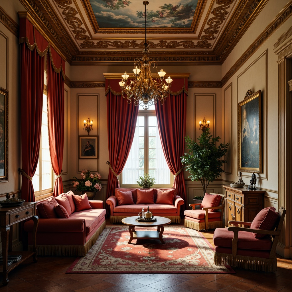 Prompt: Luxurious Renaissance-style interior, rich wood tones, ornate furnishings, velvet drapes, gilded accents, warm golden lighting, soft cream walls, terracotta floors, intricate fresco ceilings, antique furniture pieces, opulent fabrics, majestic chandeliers, subtle earthy undertones, muted jewel-toned colors, elegant proportions, classical architectural details, refined textures, subtle sheen, 1/2 composition, atmospheric perspective, realistic reflections.