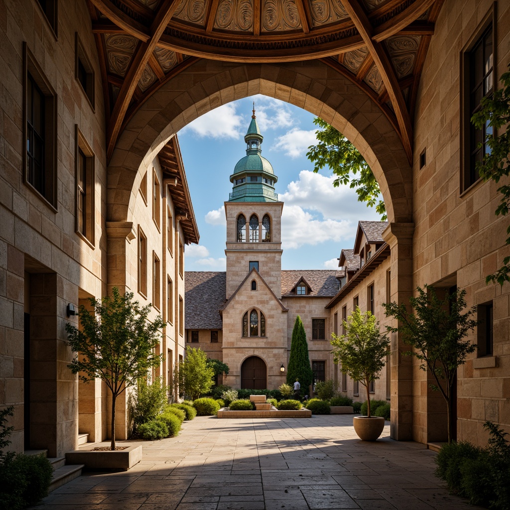 Prompt: Ancient Romanesque architecture, grand archways, rustic stone walls, ornate carvings, Gothic-inspired vaulted ceilings, stained glass windows, intricate mosaics, weathered copper roofs, imposing bell towers, serene cloisters, lush green courtyards, warm golden lighting, soft focus, 1/1 composition, symmetrical framing, rich textures, ambient shadows.