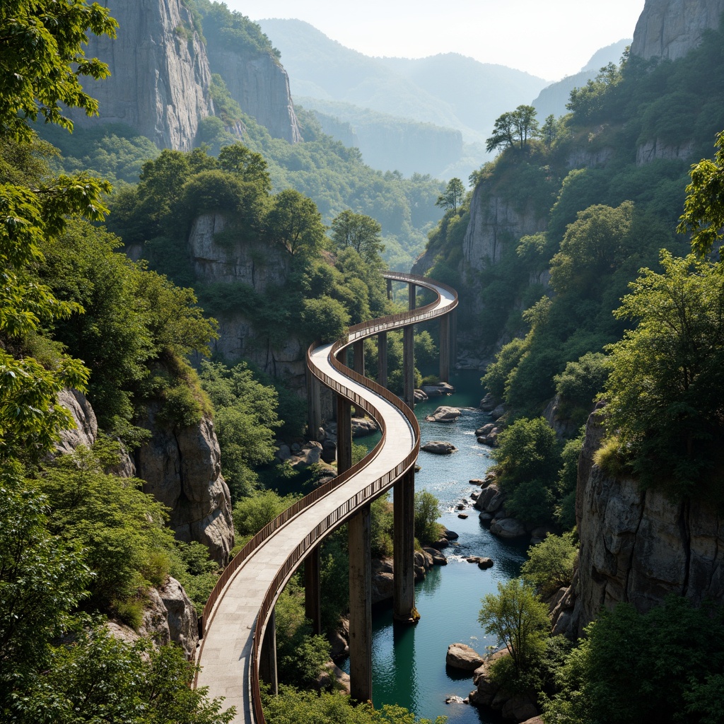 Prompt: Winding mountain roads, steel arch bridges, rustic stone piers, lush forest surroundings, misty waterfalls, vibrant greenery, wooden railings, natural rock formations, meandering rivers, serene lake reflections, warm sunlight filtering, shallow depth of field, 3/4 composition, panoramic view, realistic textures, ambient occlusion, organic curves, futuristic infrastructure, sustainable ecosystem, harmonious coexistence, ecologically-inspired design.