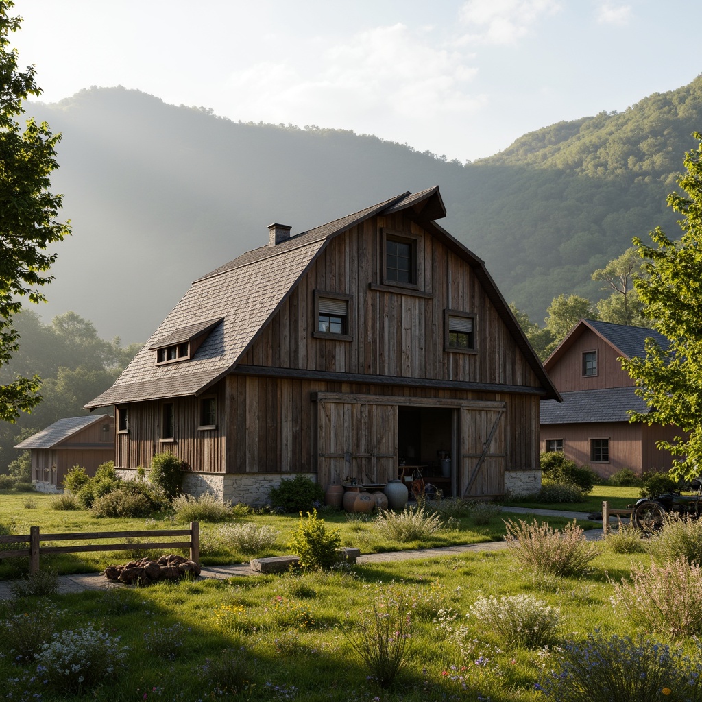 Prompt: Rustic barn, wooden accents, natural stone foundations, sloping roofs, verdant meadows, wildflowers, rolling hills, serene countryside, misty morning, warm sunlight, soft focus, shallow depth of field, 1/1 composition, symmetrical framing, realistic textures, ambient occlusion, vintage farm equipment, weathered wood fences, rustic metal gates, earthenware pottery, natural fabrics, earthy color palette.