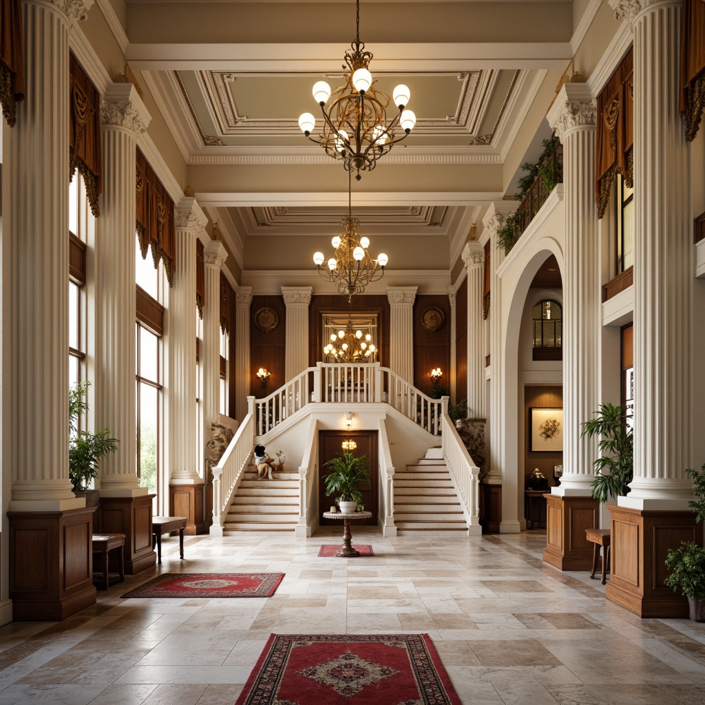 Prompt: Elegant neoclassical facade, ornate columns, carved marble details, symmetrical architecture, grand entrance, sweeping staircases, richly patterned rugs, lavish chandeliers, gilded frames, intricate moldings, high ceilings, spacious interior, natural stone flooring, polished wood paneling, cream-colored walls, subtle warm lighting, shallow depth of field, 1/1 composition, realistic textures, ambient occlusion.