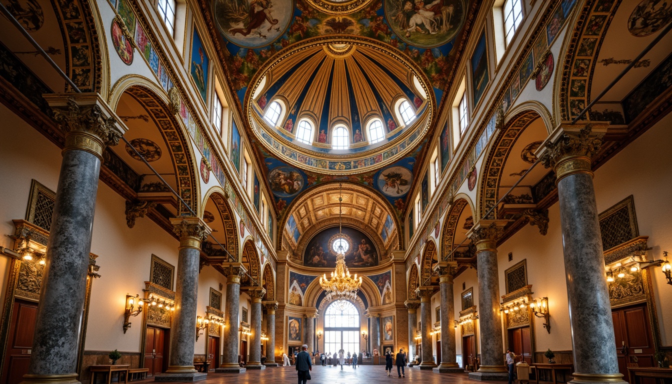 Prompt: Intricate mosaics, golden domes, ornate columns, lavish frescoes, richly patterned textiles, ornamental archways, grandiose entranceways, majestic vaulted ceilings, elaborate stone carvings, vibrant jewel-toned glasswork, intricate marble inlays, Byzantine-inspired motifs, detailed iconography, warm soft lighting, shallow depth of field, 1/2 composition, realistic textures, ambient occlusion.