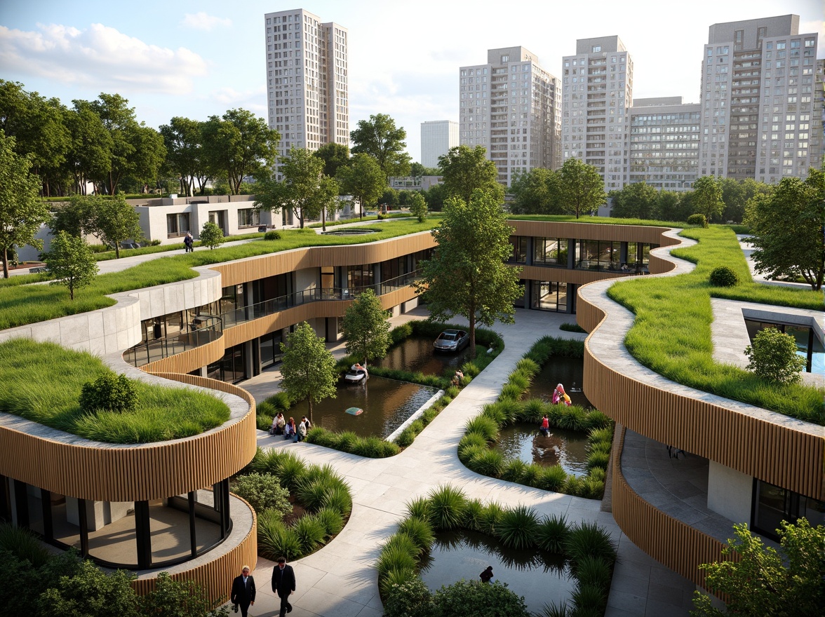 Prompt: Vibrant green roofs, living walls, organic curves, natural stone facades, wooden accents, cantilevered structures, large windows, clerestory windows, skylights, open-air courtyards, healing gardens, water features, biomimetic patterns, futuristic architecture, sustainable materials, energy-efficient systems, rooftop solar panels, green screens, dynamic lighting, 3/4 composition, shallow depth of field, panoramic view, realistic textures, ambient occlusion.