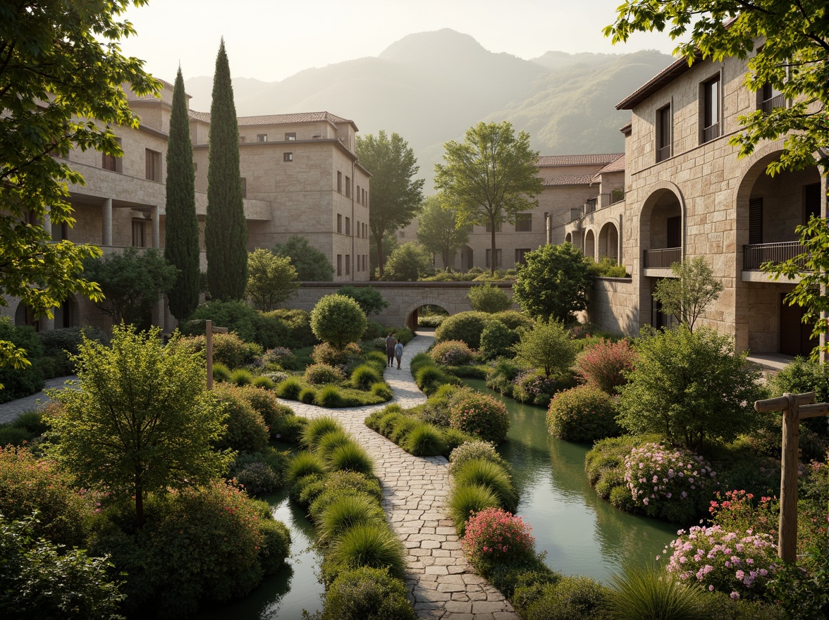 Prompt: Lush greenery, serene hills, meandering stone pathways, rustic bridges, tranquil ponds, majestic cypress trees, ancient Roman-inspired architecture, ornate carvings, grand archways, sturdy columns, weathered stone facades, terracotta rooftops, vibrant blooming flowers, warm golden lighting, soft misty atmosphere, 1/1 composition, symmetrical framing, realistic textures, ambient occlusion.Let me know if this meets your requirements!