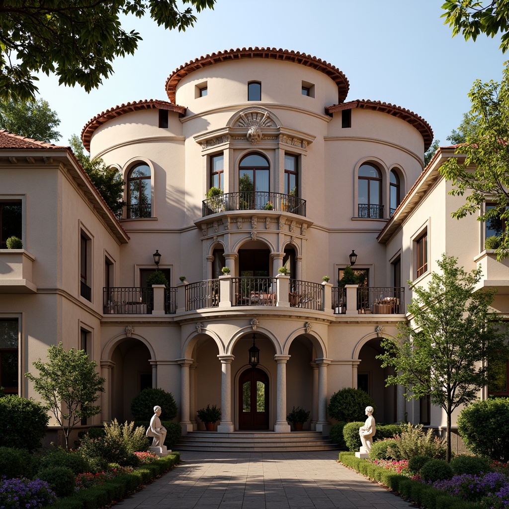 Prompt: Ornate Renaissance-style building, grand balcony with intricate stone carvings, ornamental metal railings, red-tiled rooftops, arched windows, classical columns, decorative cornices, lush greenery, blooming flowers, elegant stone statues, soft warm lighting, shallow depth of field, 3/4 composition, panoramic view, realistic textures, ambient occlusion.