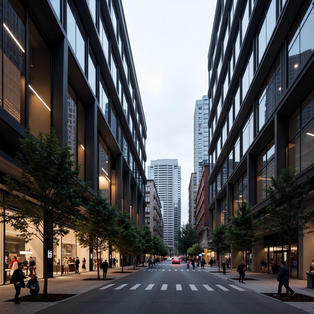 Prompt: Curved glass facades, sleek metal frames, minimalist ornamentation, rectangular forms, cantilevered balconies, open floor plans, functional simplicity, industrial materials, urban cityscape, busy streets, modern skyscrapers, reflective surfaces, dramatic LED lighting, 1-point perspective, low-angle shot, shallow depth of field, atmospheric fog, overcast sky, detailed textures, realistic reflections.