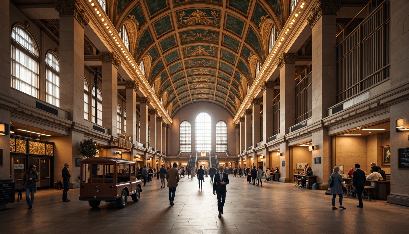 Prompt: Grandiose train station, neoclassical architecture, ornate details, imposing columns, sweeping arches, vaulted ceilings, intricate moldings, polished marble floors, brass fixtures, opulent chandeliers, majestic staircases, regal waiting areas, elegant ticket counters, vintage luggage carts, soft warm lighting, shallow depth of field, 1/1 composition, symmetrical framing, realistic textures, ambient occlusion.