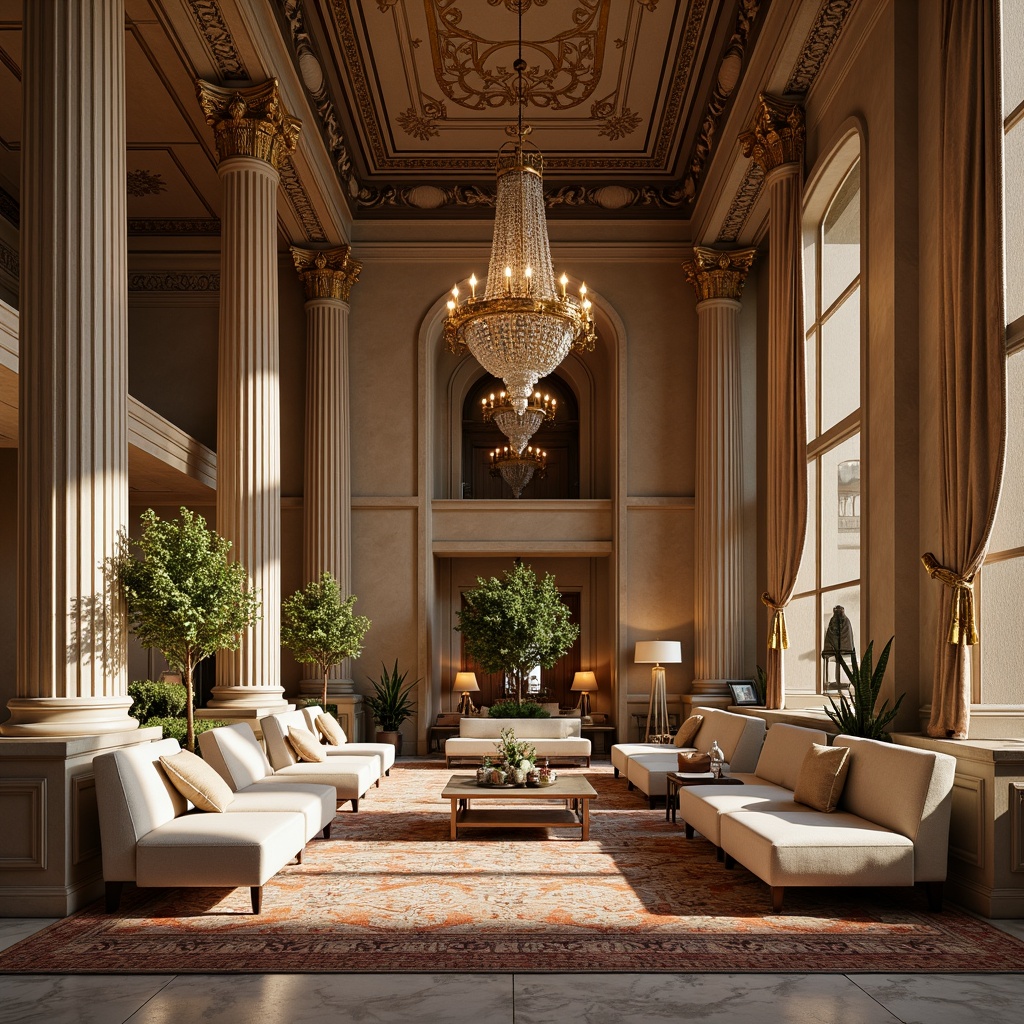 Prompt: Grandiose columns, ornate carvings, luxurious fabrics, richly polished wood, creamy marble, intricately patterned rugs, lavish chandeliers, opulent furnishings, subtle gold accents, soft warm lighting, shallow depth of field, 1/2 composition, realistic textures, ambient occlusion.