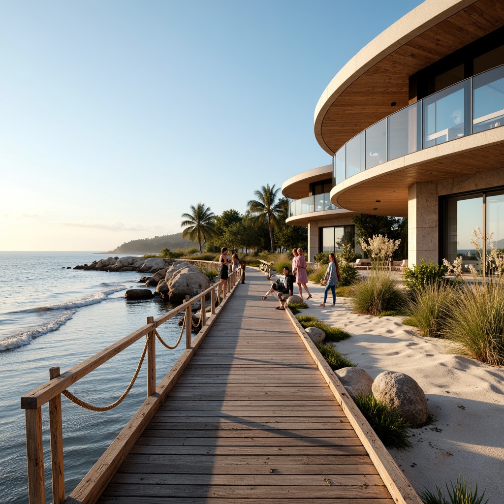 Prompt: Weathered wooden docks, rustic nautical ropes, ocean-inspired color palette, sea-salt air, gentle waves, sandy beaches, driftwood accents, coral stone walls, curved shell-shaped buildings, modern coastal architecture, large ocean-view windows, sliding glass doors, natural textures, soft warm lighting, shallow depth of field, 3/4 composition, panoramic view, realistic water effects, ambient occlusion.