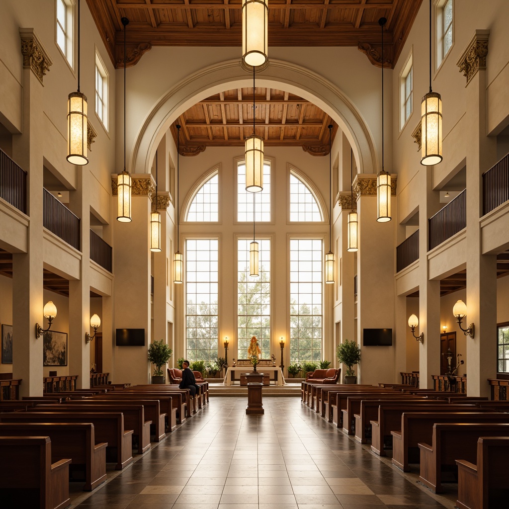 Prompt: Elegant international-style church interior, grand high ceiling, ornate chandeliers, suspended pendant lights, warm golden lighting, subtle ambient glow, stained glass windows, intricate stone carvings, polished marble floors, majestic altar, dramatic vertical lighting, softbox diffused light, 1/2 composition, symmetrical framing, creamy white walls, rich wood accents, sophisticated minimalism, spiritual ambiance.