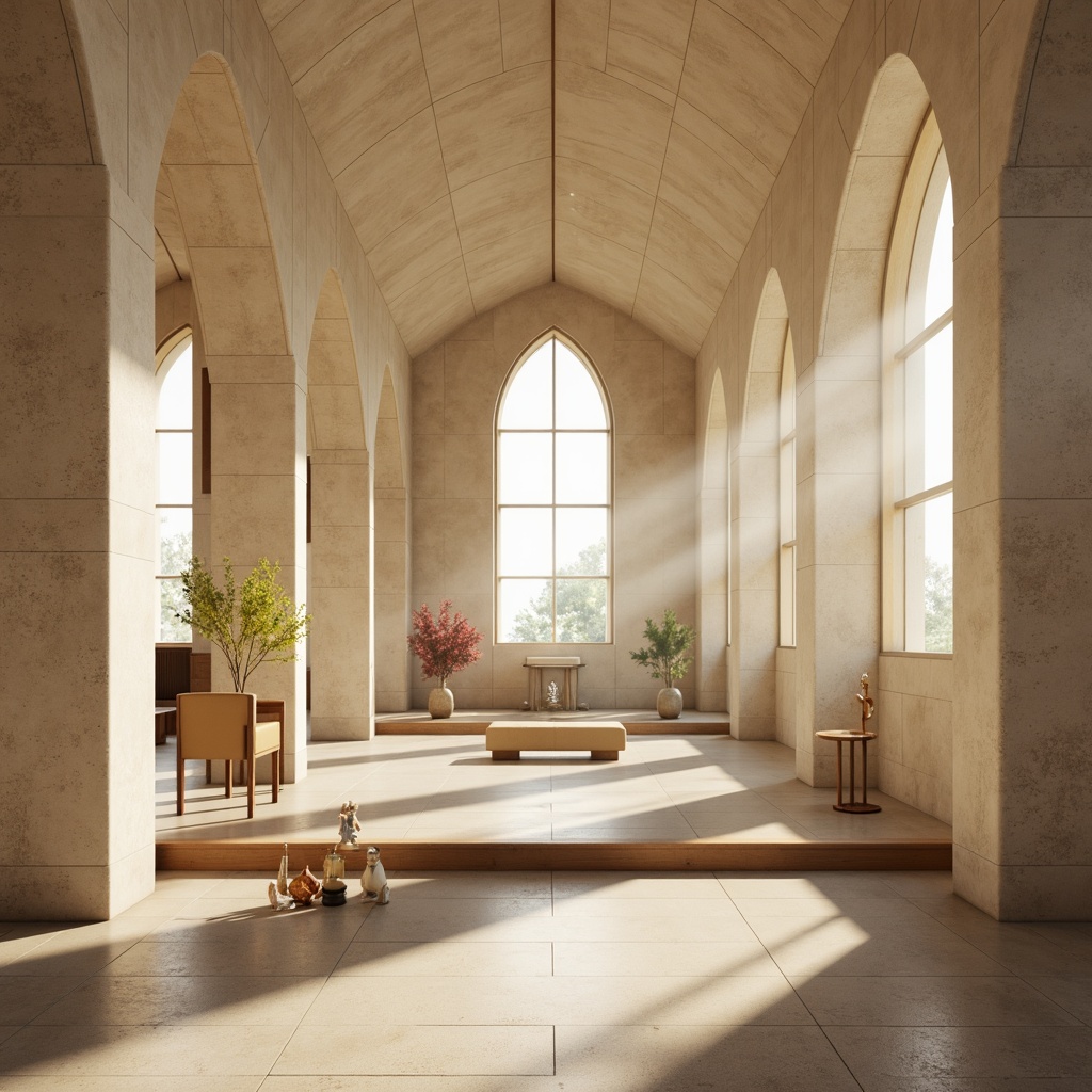 Prompt: \Serenity-filled religious space, minimalist architectural design, monochromatic color scheme, soft warm beige tones, calming cream hues, subtle grey accents, natural stone textures, wooden accents, stained glass windows, gentle diffused lighting, shallow depth of field, 1/1 composition, panoramic view, realistic reflections, ambient occlusion.\