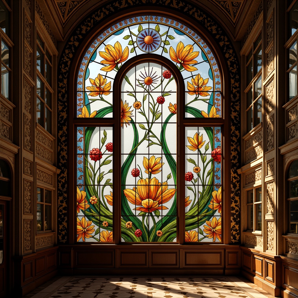 Prompt: Ornate windows, flowing curves, organic forms, stained glass patterns, botanical motifs, sinuous lines, asymmetrical compositions, vibrant colors, iridescent glass, textured surfaces, ornamental metalwork, floral patterns, whimsical shapes, grand interior spaces, lavish decorations, intricate mosaics, warm golden lighting, dramatic shadows, 1/1 composition, intimate perspective, soft focus effect.