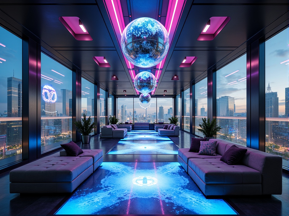 Prompt: Futuristic interior spaces, sleek metal accents, neon-lit corridors, holographic displays, minimalist furniture, curved lines, levitating objects, ambient LED lighting, transparent glass floors, mirrored ceilings, abstract artwork, virtual reality zones, cyberpunk-inspired decor, metallic surfaces, glowing orbs, futuristic sound systems, smart home automation, high-tech gadgetry, panoramic city views, atmospheric misting, 1/1 composition, shallow depth of field.