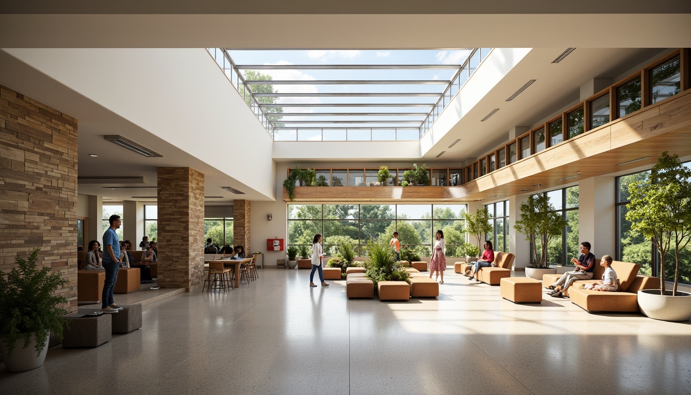 Prompt: Vibrant youth center, open floor plans, high ceilings, large windows, clerestory windows, skylights, transparent roofs, natural stone walls, wooden accents, minimalist decor, green roofs, solar tubes, light shelves, reflective surfaces, soft warm lighting, shallow depth of field, 3/4 composition, panoramic view, realistic textures, ambient occlusion.