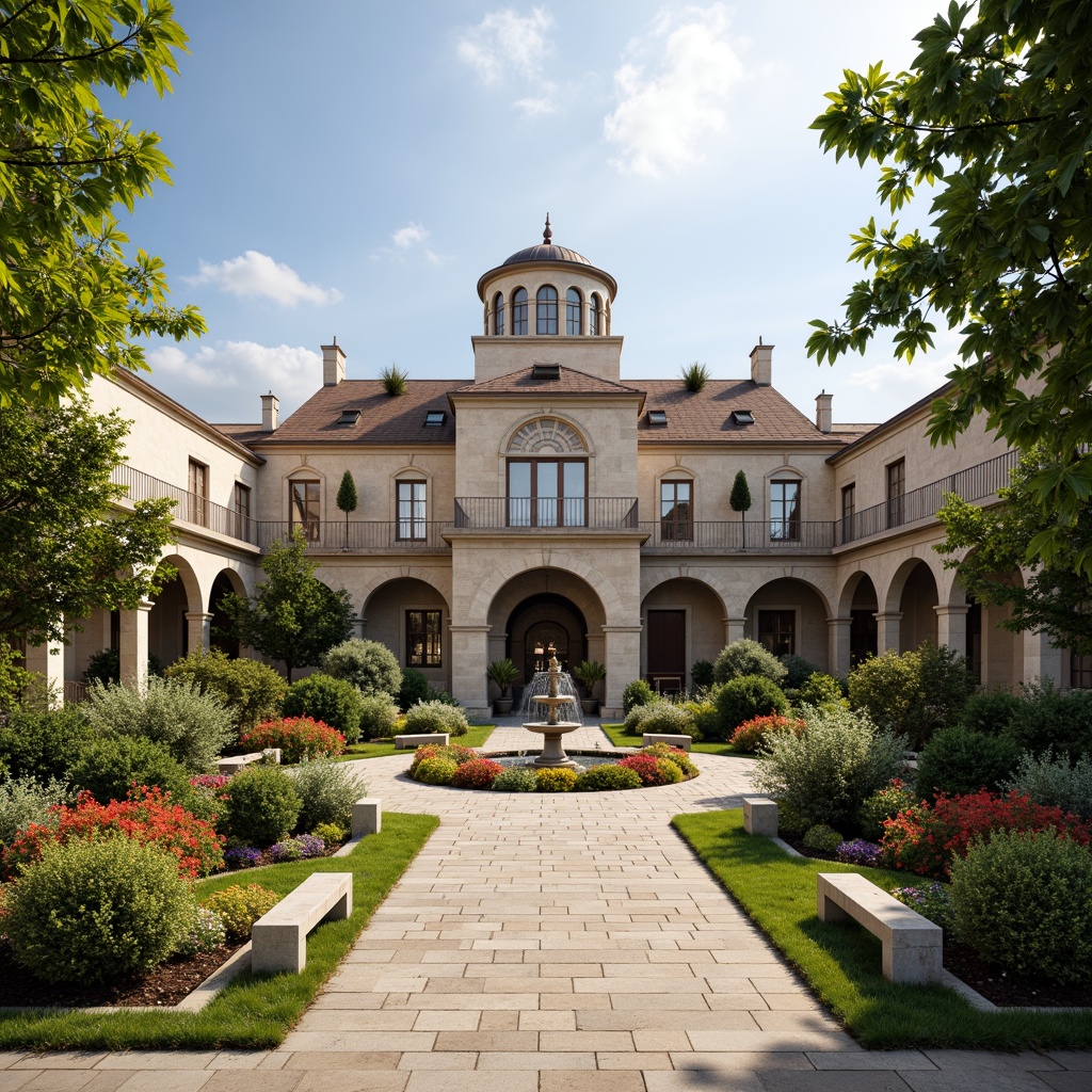 Prompt: Grandiose courthouse building, Romanesque arches, ornate stone carvings, lush greenery, vibrant flowers, majestic fountains, walking paths, natural stone walls, rustic benches, historic monuments, sunny day, soft warm lighting, shallow depth of field, 3/4 composition, panoramic view, realistic textures, ambient occlusion.