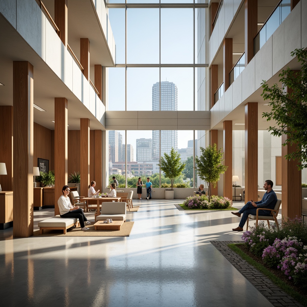 Prompt: Modern hospital interior, calming ambiance, natural light, comfortable seating areas, warm wood accents, soothing color palette, advanced medical equipment, sterile surfaces, minimal decor, private patient rooms, large windows, cityscape views, gentle lighting, shallow depth of field, 1/1 composition, realistic textures, ambient occlusion, functional nurse stations, efficient floor plans, accessible corridors, wheelchair-friendly ramps, quiet waiting areas, peaceful atriums, lush greenery, vibrant flowers.