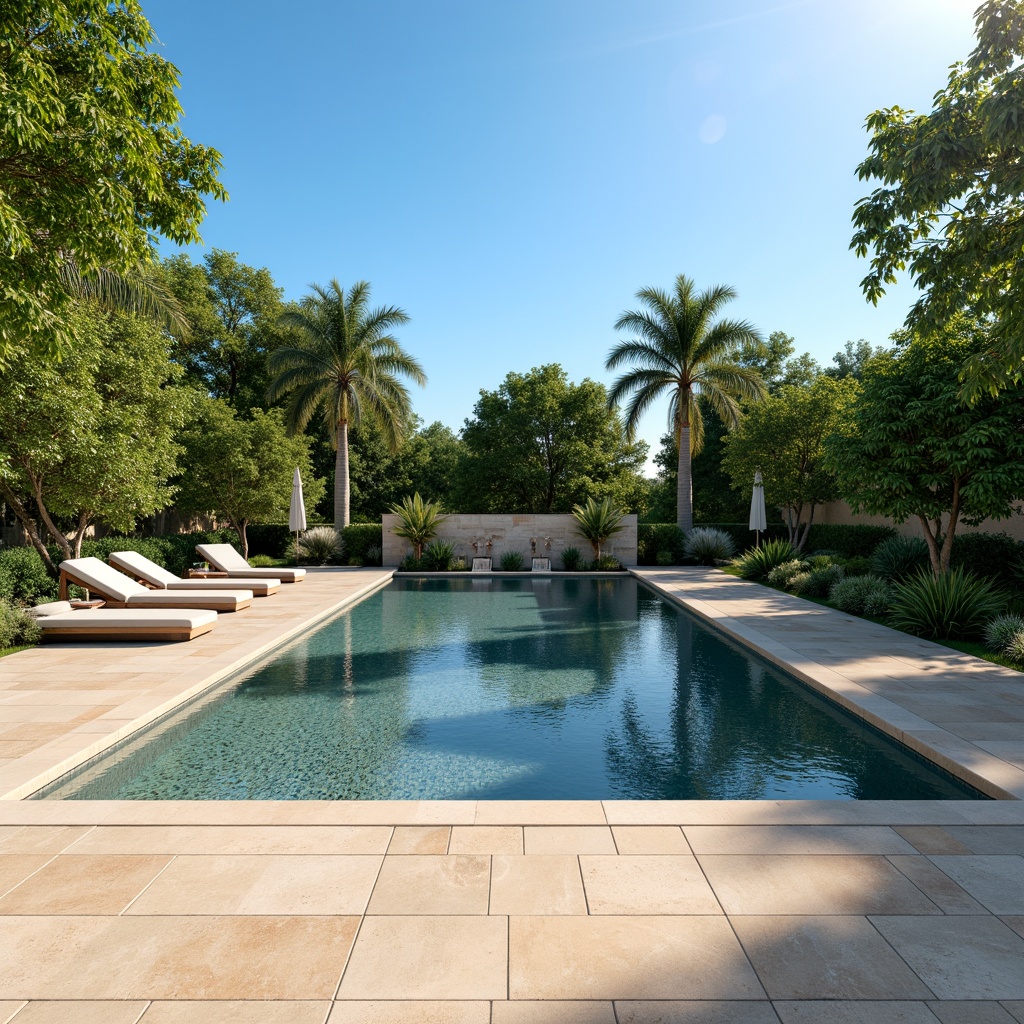 Prompt: Tranquil poolside, natural stone coping, sleek glass tiles, warm beige concrete deck, minimalist water features, modern rectangular pool shape, gentle waterfalls, soft ambient lighting, lush greenery surroundings, palm trees, sunny day, cloudless blue sky, subtle texture variations, realistic reflections, shallow depth of field, 1/1 composition, symmetrical framing.