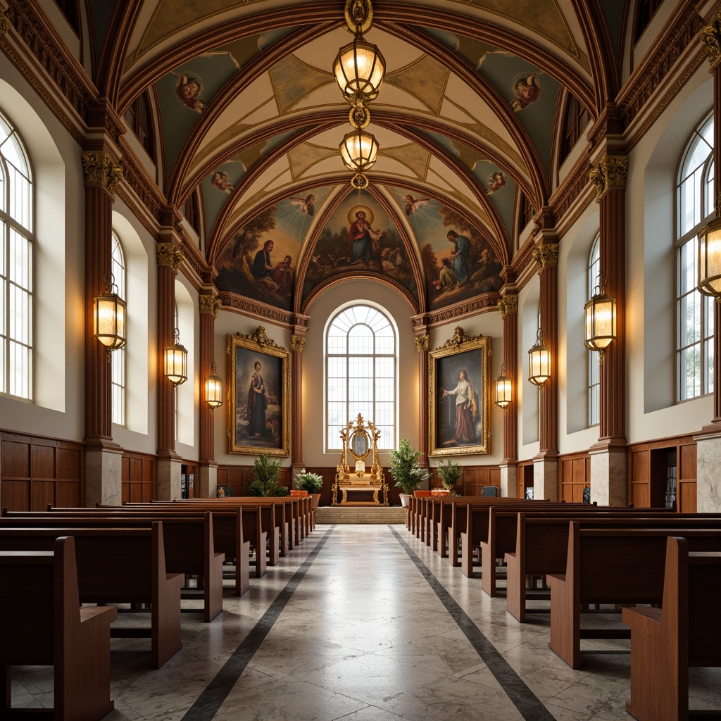 Prompt: Elegant international-style church interior, high ceilings, grand chandeliers, soft warm lighting, subtle color palette, ornate details, intricate frescoes, marble floors, stained glass windows, dramatic archways, vaulted roofs, suspended lanterns, minimalist pews, refined wood accents, ambient illumination, layered light effects, subtle shadows, 1/1 composition, realistic textures, natural ambiance.