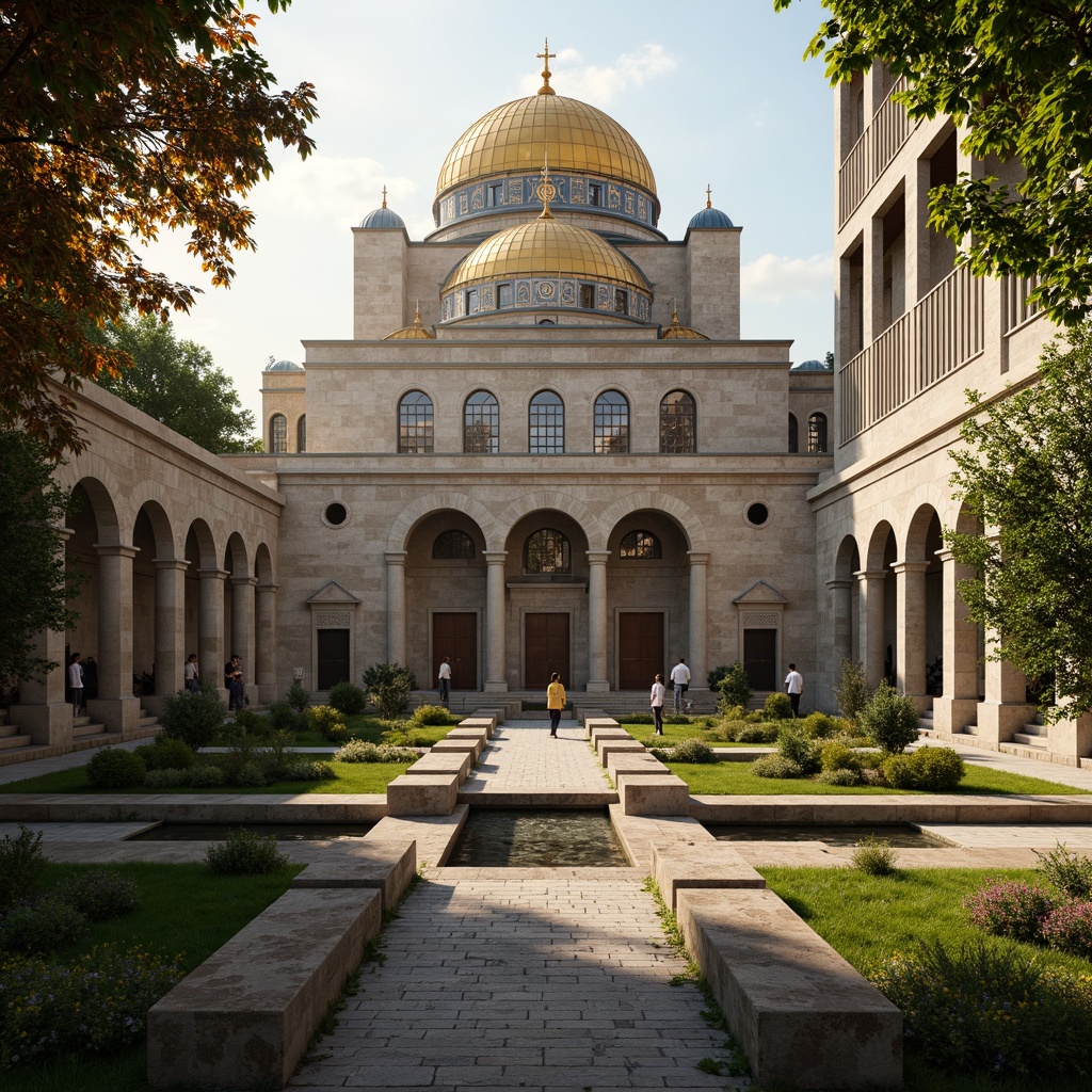 Prompt: Majestic Byzantine church, intricately carved stone facades, golden domes, ornate mosaics, lush greenery, winding pathways, serene water features, tranquil gardens, ancient olive trees, rustic stone benches, weathered brick walls, atmospheric misting, warm golden lighting, shallow depth of field, 1/2 composition, symmetrical framing, realistic textures, ambient occlusion.Let me know if this meets your requirements!